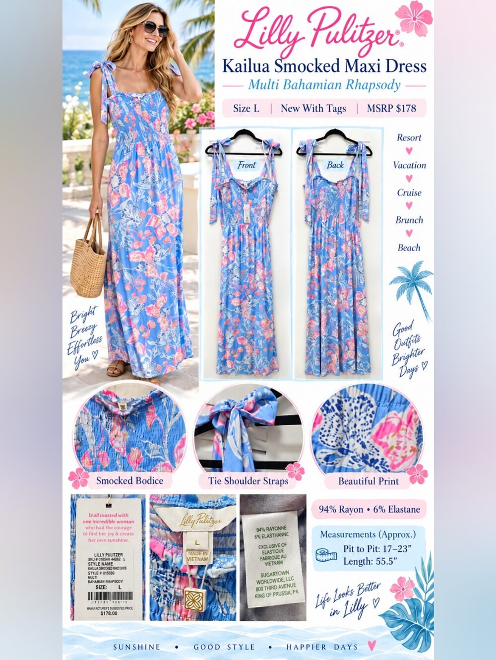 NWT Lilly Pulitzer Kailua Smocked Maxi Dress Bahamian Rhapsody L $178